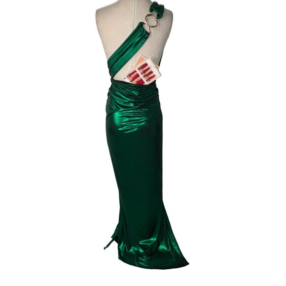 Green Asymmetrical Ruched One Shoulder Gown - Picture 7 of 15